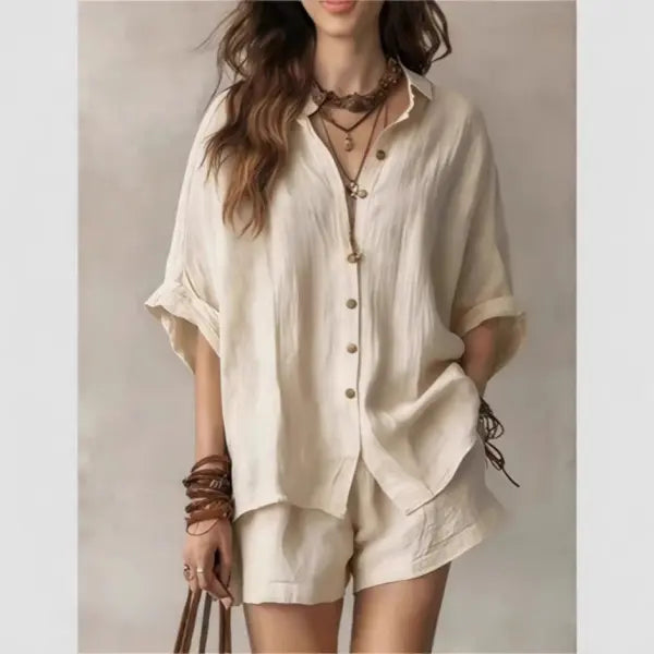 Women’s Casual Two-Piece Set Short-Sleeved Cotton Summer Holiday Outfit - Apricot / 2XL - None