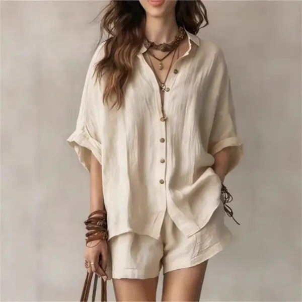 Women’s Casual Two-Piece Set Short-Sleeved Cotton Summer Holiday Outfit - None