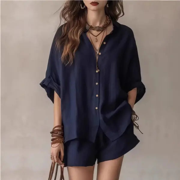 Women’s Casual Two-Piece Set Short-Sleeved Cotton Summer Holiday Outfit - None