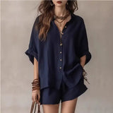 Women’s Casual Two-Piece Set Short-Sleeved Cotton Summer Holiday Outfit - None