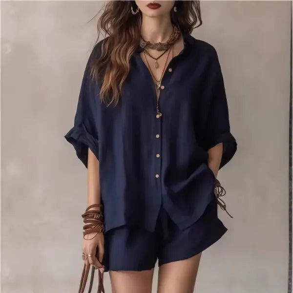 Women’s Casual Two-Piece Set Short-Sleeved Cotton Summer Holiday Outfit - Navy Blue / 2XL - None