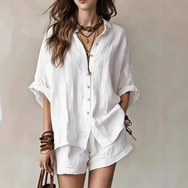 Women’s Casual Two-Piece Set Short-Sleeved Cotton Summer Holiday Outfit - White / 2XL - None