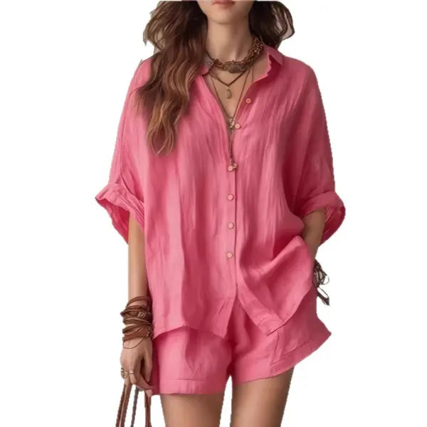 Women’s Casual Two-Piece Set Short-Sleeved Cotton Summer Holiday Outfit - None
