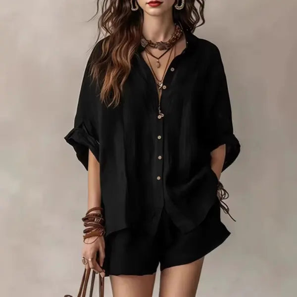 Women’s Casual Two-Piece Set Short-Sleeved Cotton Summer Holiday Outfit - Black / 2XL - None