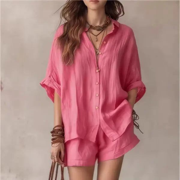 Women’s Casual Two-Piece Set Short-Sleeved Cotton Summer Holiday Outfit - Pink / 2XL - None