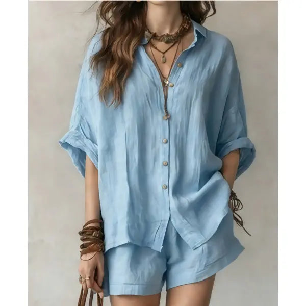 Women’s Casual Two-Piece Set Short-Sleeved Cotton Summer Holiday Outfit - Blue / 2XL - None