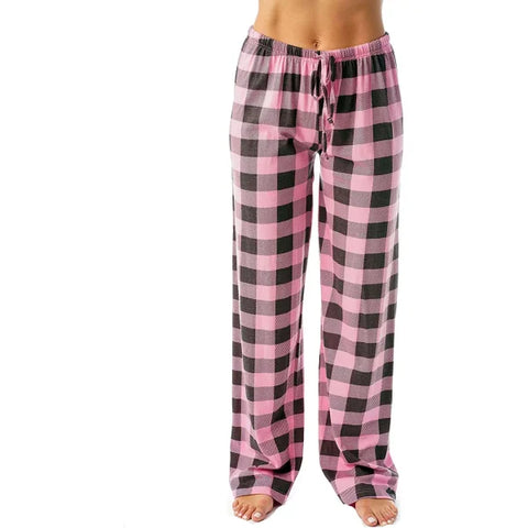 Women’s Christmas Pajama Pants – Plaid Print Casual Wide-Leg Winter Trousers - Himpall
