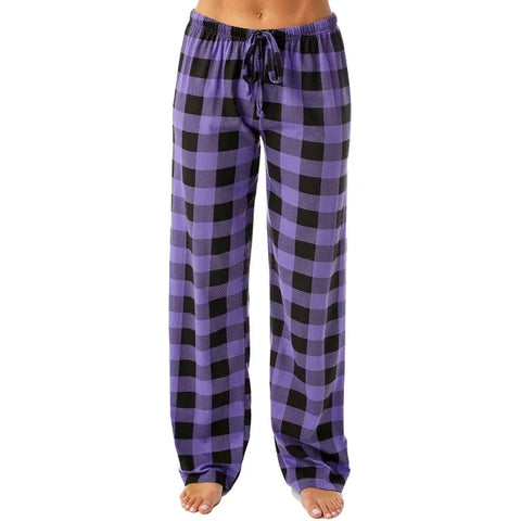 Women’s Christmas Pajama Pants – Plaid Print Casual Wide-Leg Winter Trousers - Himpall