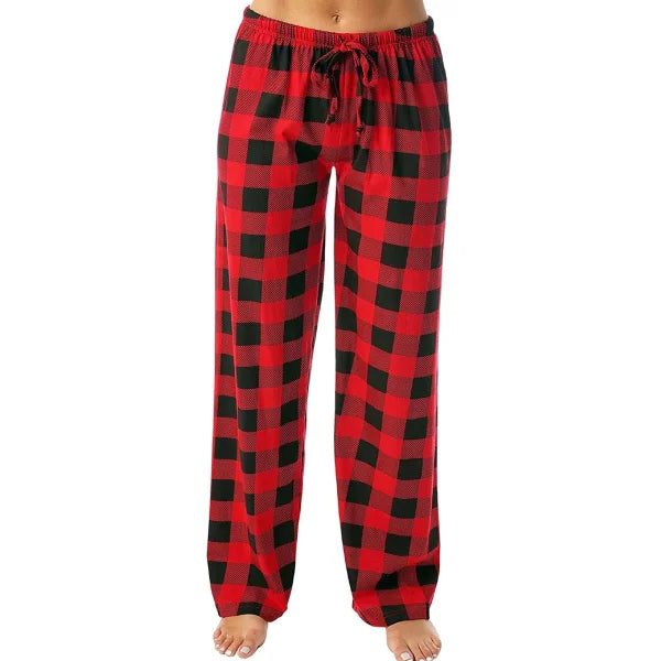 Women’s Christmas Pajama Pants – Plaid Print Casual Wide-Leg Winter Trousers - Himpall