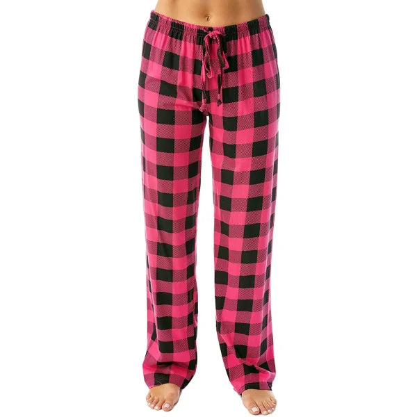 Women’s Christmas Pajama Pants – Plaid Print Casual Wide-Leg Winter Trousers - Himpall