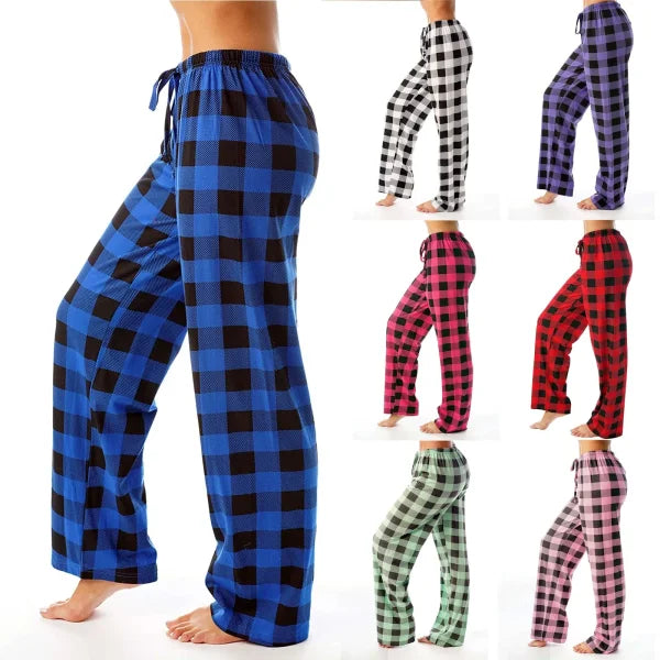 Women’s Christmas Pajama Pants – Plaid Print Casual Wide-Leg Winter Trousers - Himpall