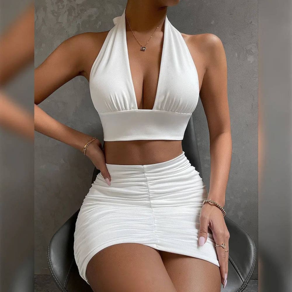 Women’s Dress – 2pcs Halter Dress Suit for Summer Fashion - White / L