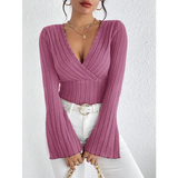 Women’s Fall and Winter Long-sleeved Tops V-neck Sexy Slim Striped Women’s Tops Long-sleeved T-shirt Knitted Bottoming