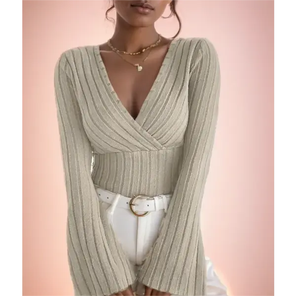 Women’s Fall and Winter Long-sleeved Tops V-neck Sexy Slim Striped Women’s Tops Long-sleeved T-shirt Knitted Bottoming