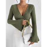 Women’s Fall and Winter Long-sleeved Tops V-neck Sexy Slim Striped Women’s Tops Long-sleeved T-shirt Knitted Bottoming