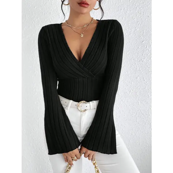 Women’s V-Neck Slim Striped Long Sleeve Top - Sexy Knitted Bottoming Shirt for Fall & Winter - black 66062-12 / S