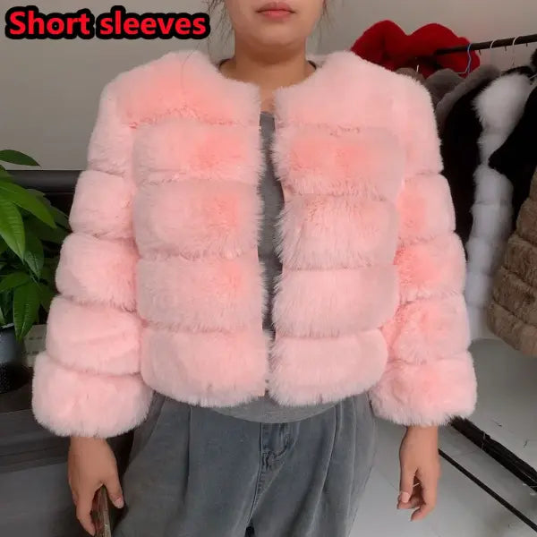 Women’s Faux Fur Coat – Fluffy Short Autumn Winter Jacket High-Quality Plus Size 7XL - Short sleeve pink / 5XL