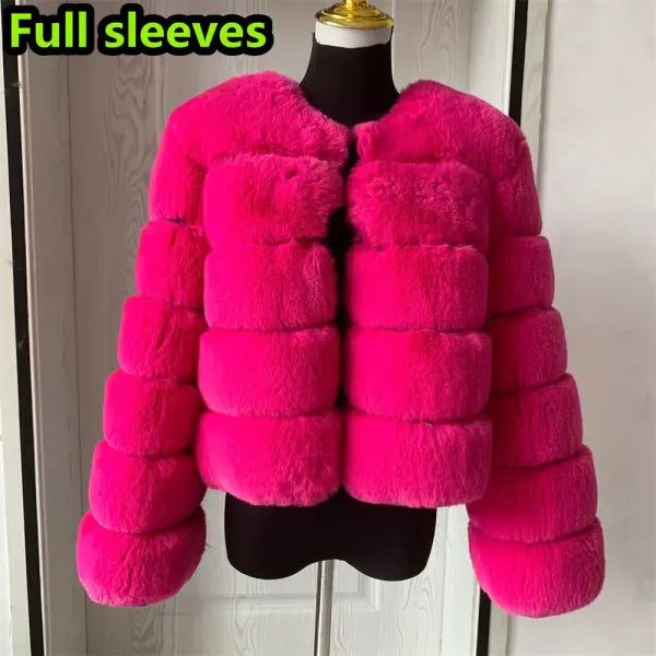 Women’s Faux Fur Coat – Fluffy Short Autumn Winter Jacket High-Quality Plus Size 7XL - Long sleeve Rose / S (40-42kg)