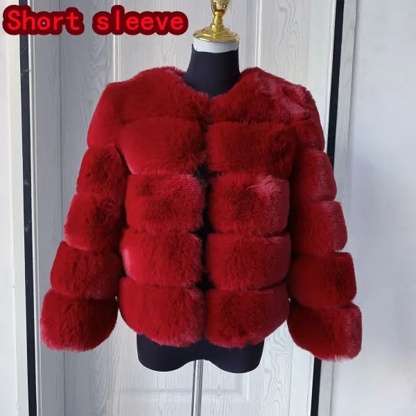 Women’s Faux Fur Coat – Fluffy Short Autumn Winter Jacket High-Quality Plus Size 7XL - Short sleeve claret / XXL