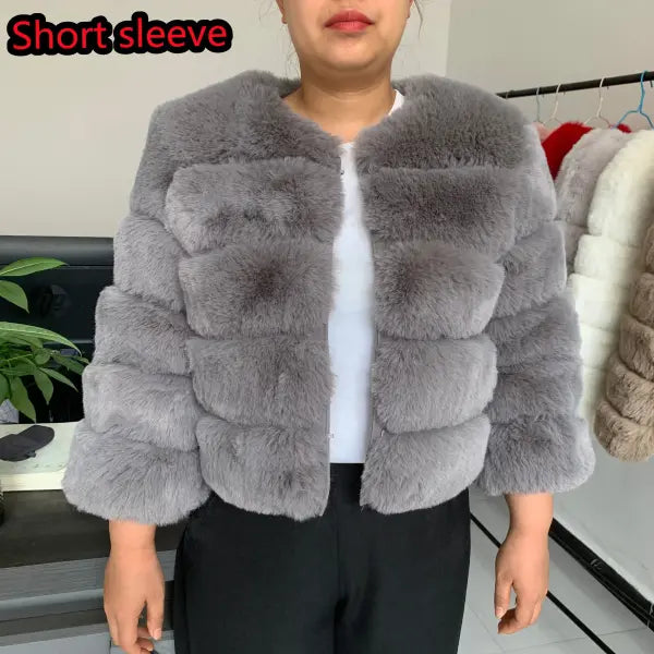 Women’s Faux Fur Coat – Fluffy Short Autumn Winter Jacket High-Quality Plus Size 7XL - Short sleeve grey / XXXL