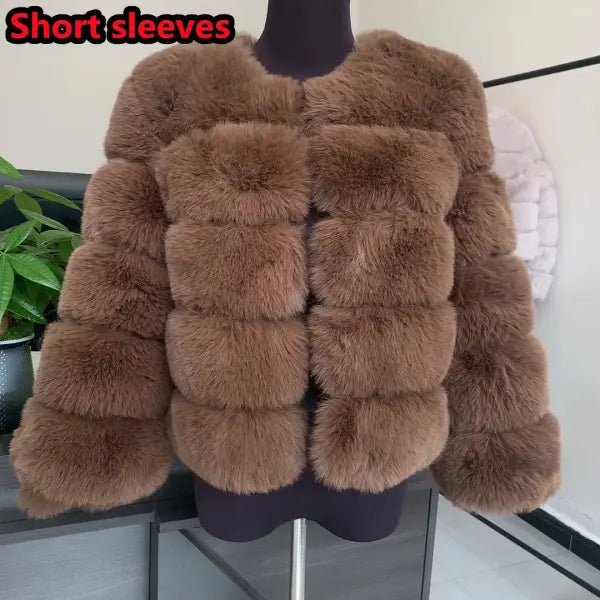 Women’s Faux Fur Coat – Fluffy Short Autumn Winter Jacket High-Quality Plus Size 7XL - Short sleeve chocola / XXL