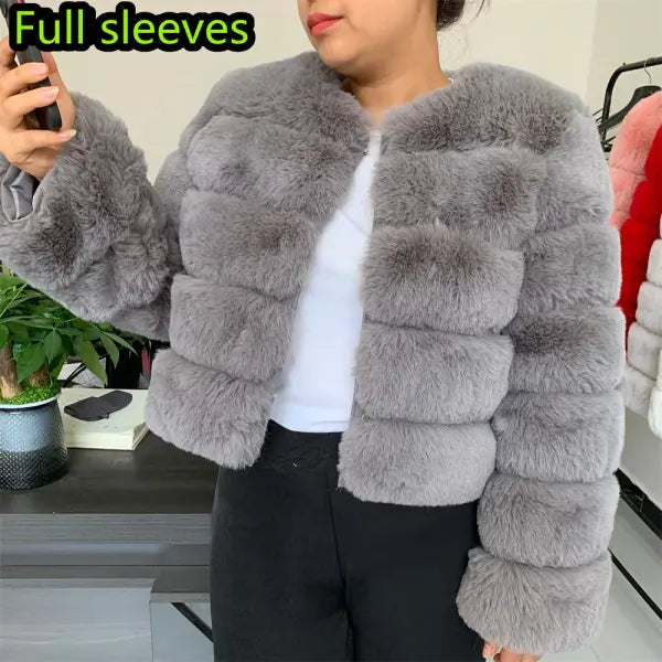 Women’s Faux Fur Coat – Fluffy Short Autumn Winter Jacket High-Quality Plus Size 7XL - grey Long sleeve / 5XL (66-70kg)