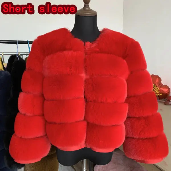 Women’s Faux Fur Coat – Fluffy Short Autumn Winter Jacket High-Quality Plus Size 7XL - Short sleeves red / 5XL
