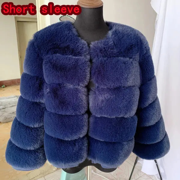 Women’s Faux Fur Coat – Fluffy Short Autumn Winter Jacket High-Quality Plus Size 7XL - Short sleeves blue 2 / XL