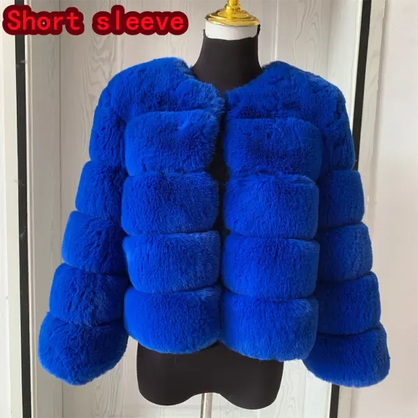 Women’s Faux Fur Coat – Fluffy Short Autumn Winter Jacket High-Quality Plus Size 7XL - Short sleeve blue / XXL