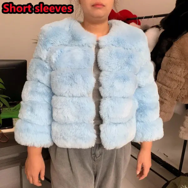 Women’s Faux Fur Coat – Fluffy Short Autumn Winter Jacket High-Quality Plus Size 7XL - Short sleeve blue 1 / 5XL