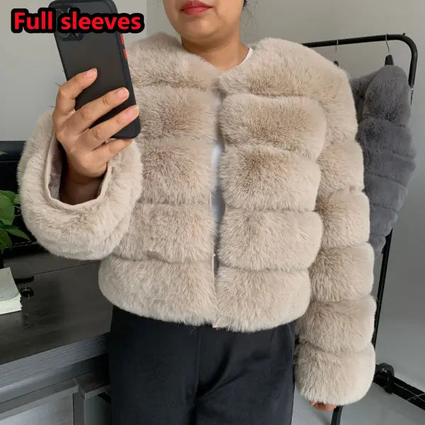Women’s Faux Fur Coat – Fluffy Short Autumn Winter Jacket High-Quality Plus Size 7XL - Long light khaki / XL (50-53kg)