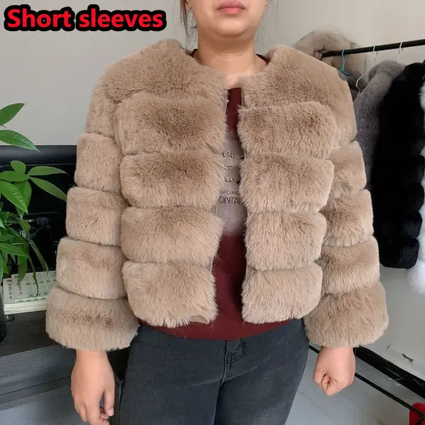 Women’s Faux Fur Coat – Fluffy Short Autumn Winter Jacket High-Quality Plus Size 7XL - Short sleeve Khaki / XXXL