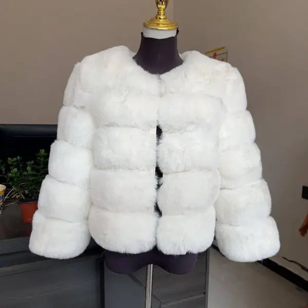Women’s Faux Fur Coat – Fluffy Short Autumn Winter Jacket High-Quality Plus Size 7XL - Short sleeves White / 5XL