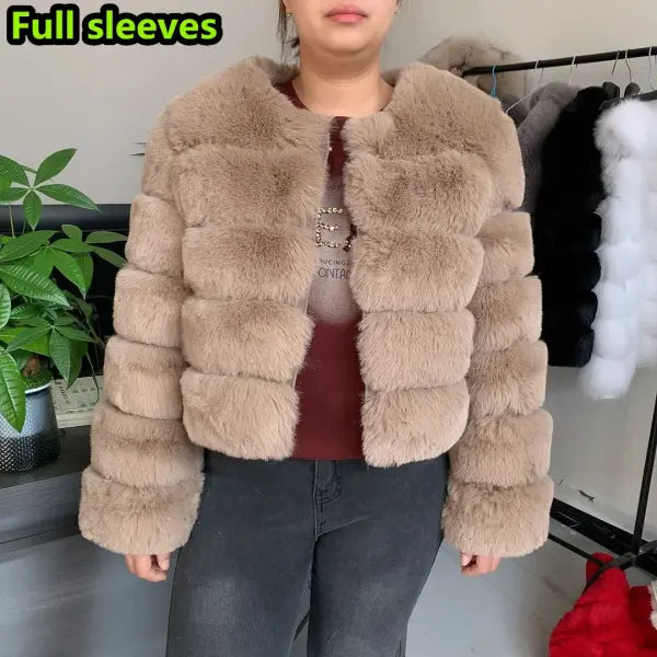 Women’s Faux Fur Coat – Fluffy Short Autumn Winter Jacket High-Quality Plus Size 7XL - Long sleeve Khaki / M (43-45KG)