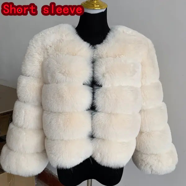 Women’s Faux Fur Coat – Fluffy Short Autumn Winter Jacket High-Quality Plus Size 7XL - Short sleeve white 2 / 5XL