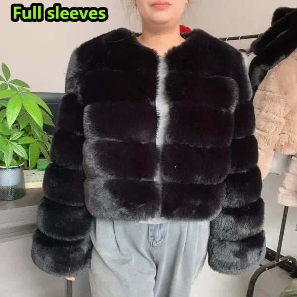 Women’s Faux Fur Coat – Fluffy Short Autumn Winter Jacket High-Quality Plus Size 7XL - Long sleeve black / 5XL