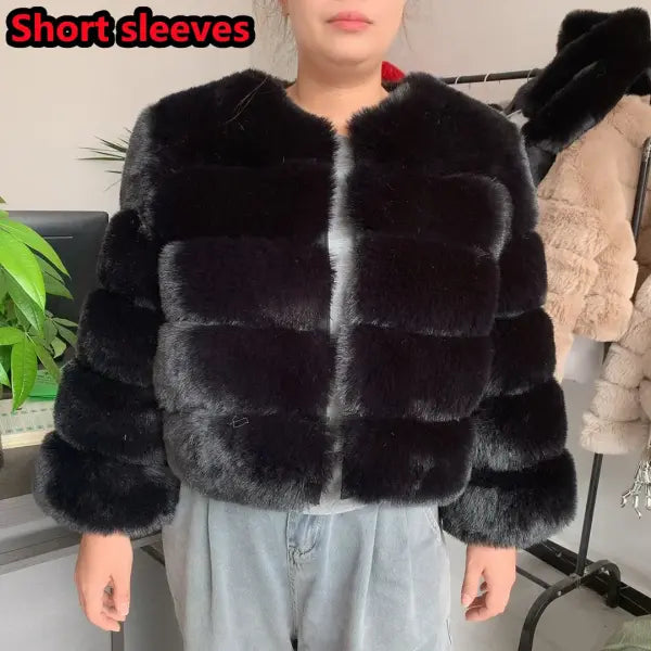 Women’s Faux Fur Coat – Fluffy Short Autumn Winter Jacket High-Quality Plus Size 7XL - Short sleeve black / M (43-45KG)