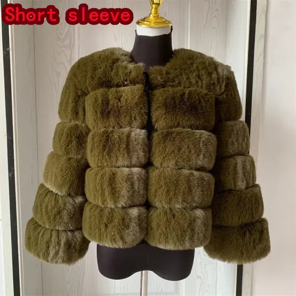 Women’s Faux Fur Coat – Fluffy Short Autumn Winter Jacket High-Quality Plus Size 7XL - Short sleeve green / XL