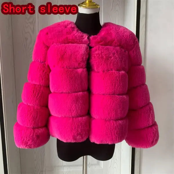 Women’s Faux Fur Coat – Fluffy Short Autumn Winter Jacket High-Quality Plus Size 7XL - Short sleeve Rose / S (40-42kg)