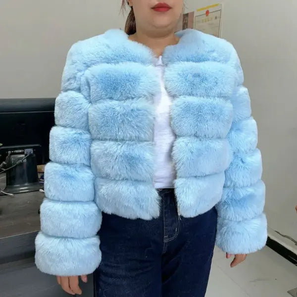 Women’s Faux Fur Coat – Fluffy Short Autumn Winter Jacket High-Quality Plus Size 7XL - Long sleeve blue / 4XL (62-65kg)