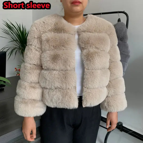 Women’s Faux Fur Coat – Fluffy Short Autumn Winter Jacket High-Quality Plus Size 7XL - Short light khaki / 5XL