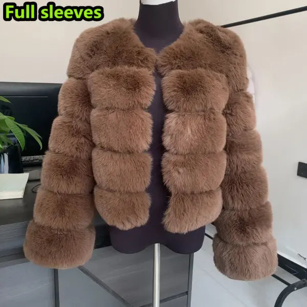Women’s Faux Fur Coat – Fluffy Short Autumn Winter Jacket High-Quality Plus Size 7XL - Long sleeve chocolat / S