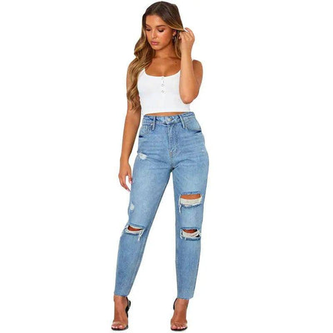 Women’s Fashion Jeans - Washed Blue Jeans Casual Style