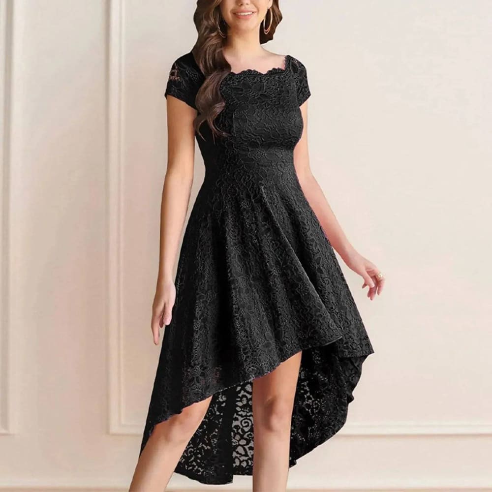 Women’s Fashion Lace Dress – Elegant One Shoulder Flare Dress - Black / S / CN