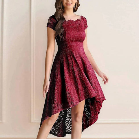 Women’s Fashion Lace Dress – Elegant One Shoulder Flare Dress - Red / M / CN