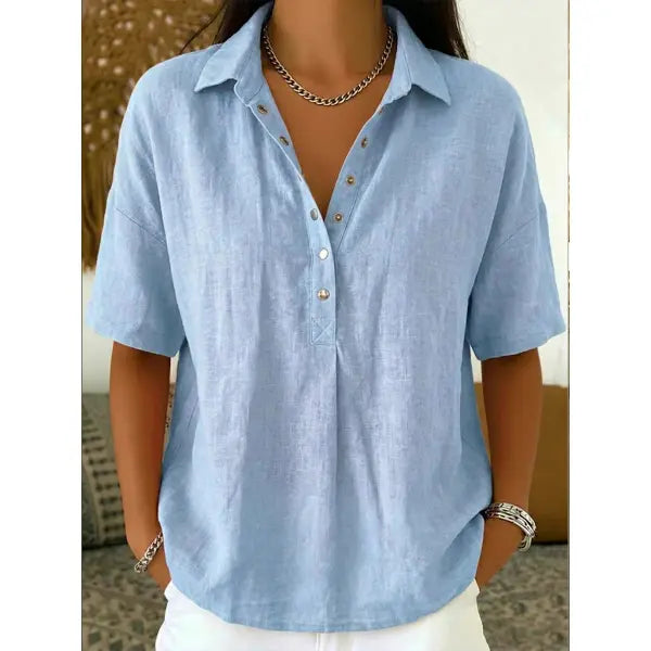 Women’s Fashion Short Sleeve Button Pullover All Sizes Casual Summer Top - Sky Blue / 2XL - None
