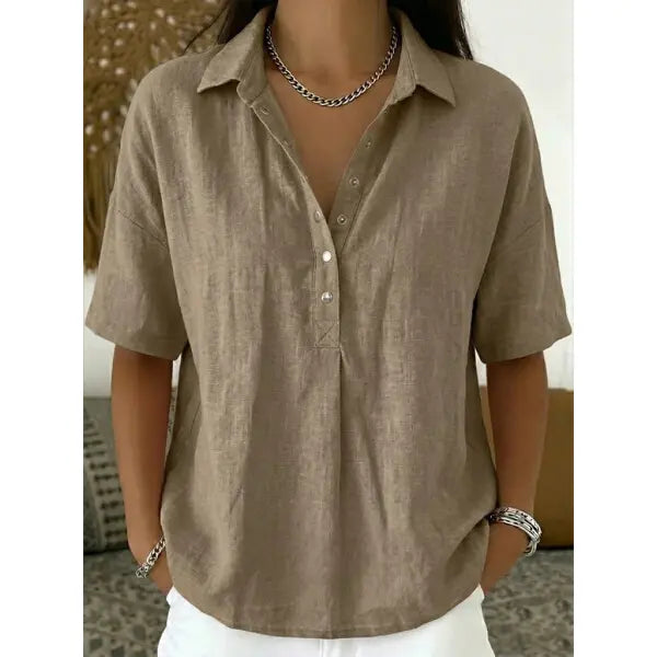 Women’s Fashion Short Sleeve Button Pullover All Sizes Casual Summer Top - Khaki / 2XL - None