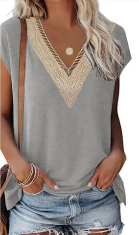 Women’s Fashion V-Neck Top with Lace Stitching - Stylish Casual Wear - Gray / 2XL