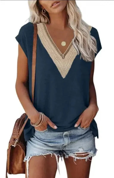 Women’s Fashion V-Neck Top with Lace Stitching - Stylish Casual Wear - Navy Blue / 2XL