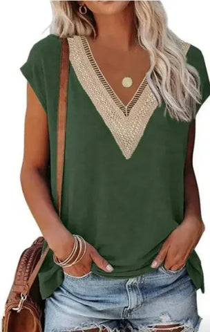 Women’s Fashion V-Neck Top with Lace Stitching - Stylish Casual Wear - Green / 2XL
